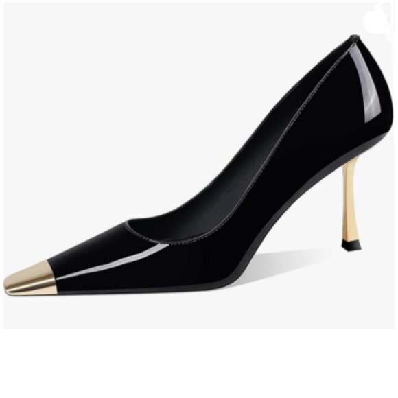 FOWT Black Metal Sqaure Cap Toe Pumps Slip on Gold Stiletto High Heels Shoes - Picture 1 of 8